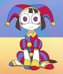 Size: 320x373 | Tagged: safe, artist:doublewbrothers, derpibooru import, ponified, earth pony, pony, blushing, crossover, female, image, jester, looking at you, png, pomni, sitting, solo, spoilers for another series, the amazing digital circus