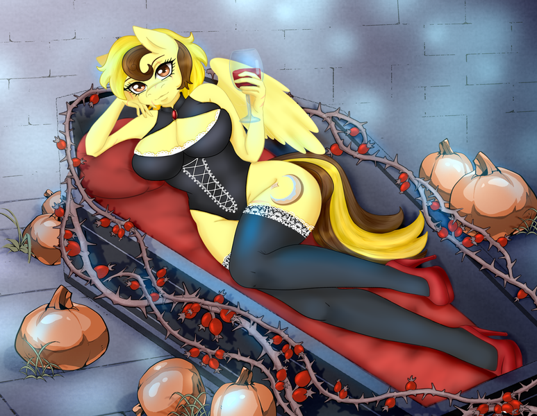 Size: 2112x1640 | Tagged: suggestive, artist:jerraldina, derpibooru import, oc, oc:countess sweet bun, anthro, pegasus, pony, undead, vampire, breasts, clothes, coffin, commission, female, halloween, high heels, holiday, image, png, pumpkin, scar, shoes, socks, solo, stockings, thigh highs, thorn, ych result