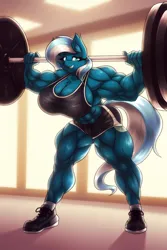 Size: 4000x6000 | Tagged: suggestive, alternate version, artist:shad0w-galaxy, derpibooru import, oc, oc:vivid tone, unofficial characters only, anthro, pegasus, pony, absurd resolution, big breasts, breasts, clothes, commission, ear fluff, female, huge breasts, hyper, hyper muscle, image, impossibly large breasts, looking at you, mare, muscles, muscular female, overdeveloped muscles, png, shoes, shorts, smiling, smirk, solo, solo female, sports bra, sports shorts, thighs, thunder thighs, weight lifting, weights
