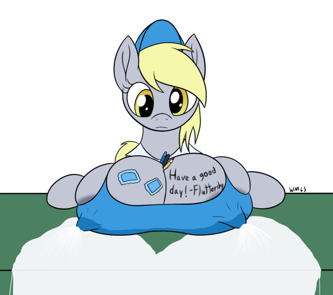 Size: 2752x2440 | Tagged: questionable, artist:wapamario63, derpibooru import, derpy hooves, pegasus, pony, fanfic:the misadventures of derpy's boobs, big breasts, body writing, bra, bra on pony, breast milk, breast overpour, breasts, chestbreasts, clothes, desk, female, huge breasts, image, implied multiboob, lactation, lactation through clothing, leaking, leaking milk, looking down, mare, milk, milk squirt, pen, pencil, png, simple background, skindentation, solo, stamp, transparent background, underwear