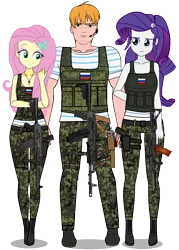 Size: 923x1292 | Tagged: safe, artist:edy_january, derpibooru import, big macintosh, fluttershy, rarity, human, equestria girls, ak-47, ak-74, ak-74m, aks-74u, armor, assault rifle, body armor, boots, clothes, female, fluttermac, glock 17, gun, handgun, humanized, image, kisekae, looking at each other, looking at someone, m9, male, military, military uniform, pistol, png, rifle, russian army, shipping, shoes, simple background, soldier, straight, tactical vest, telnyashka, transparent background, trigger discipline, uniform, uniform pants, vector, vest, weapon