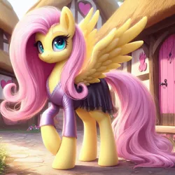 Size: 1024x1024 | Tagged: safe, machine learning generated, ponerpics import, ponybooru import, fluttershy, pegasus, pony, ai content, bing, clothed ponies, clothes, female, image, jpeg, mare, ponyville, solo