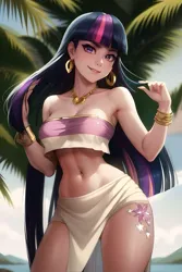 Size: 1024x1536 | Tagged: suggestive, derpibooru import, editor:sammykun, machine learning generated, twilight sparkle, human, ai content, belly button, bracelet, breasts, chel, clothes, cosplay, costume, cutie mark, ear piercing, earring, female, gold, halloween, halloween costume, holiday, humanized, image, jewelry, loincloth, long hair, looking at you, midriff, necklace, palm tree, piercing, png, prompter:sammykun, sexy, smiling, solo, the road to el dorado, tree, tribal, tube top, wide hips