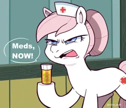 Size: 900x770 | Tagged: safe, artist:talimingi, derpibooru import, nurse redheart, earth pony, pony, dialogue, female, frown, hoof hold, image, jpeg, mare, narrowed eyes, open mouth, pill bottle, pills, signature, solo, speech bubble