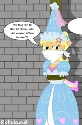 Size: 888x1364 | Tagged: safe, artist:robukun, derpibooru import, applejack, human, equestria girls, look before you sleep, angry, applejack also dresses in style, bondage, bound and gagged, cloth gag, clothes, damsel in distress, dress, ear piercing, flower, flower in hair, froufrou glittery lacy outfit, gag, glare, hat, hennin, humanized, image, jewelry, jpeg, looking at someone, muffled words, necklace, over the nose gag, piercing, pole tied, princess, princess applejack
