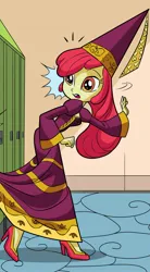 Size: 1234x2235 | Tagged: safe, derpibooru import, apple bloom, equestria girls, for whom the sweetie belle toils, clothes, hat, hennin, high heels, image, jpeg, lockers, long sleeves, princess, princess apple bloom, shoes, trapped
