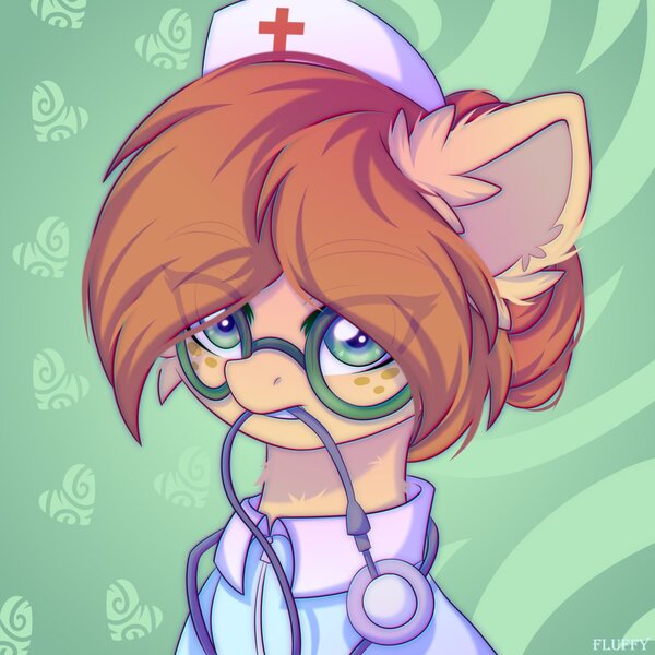 Size: 1200x1200 | Tagged: safe, artist:leah minik, derpibooru import, oc, pegasus, pony, clothes, freckles, glasses, hat, image, jpeg, nurse, nurse hat, solo, stethoscope