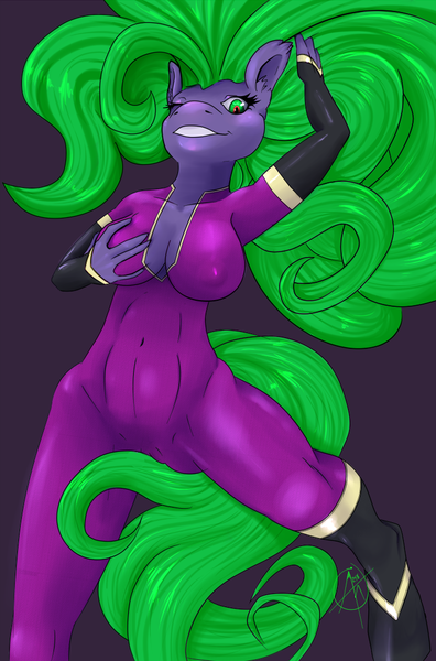 Size: 719x1089 | Tagged: suggestive, artist:aaronmayhem, derpibooru import, mane-iac, anthro, unguligrade anthro, abs, bodysuit, breasts, busty mane-iac, cameltoe, clothes, erect nipples, image, nipple outline, png, skintight clothes