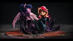 Size: 9600x5400 | Tagged: suggestive, artist:imafutureguitarhero, derpibooru import, sci-twi, sunset shimmer, twilight sparkle, twilight sparkle (alicorn), alicorn, anthro, mermaid, unicorn, series:twilight's sexual deviancy, 3d, absurd file size, absurd resolution, black bars, cheek fluff, chromatic aberration, clothes, colored eyebrows, colored eyelashes, dialogue, dialogue in the description, duo, ear fluff, ear freckles, female, film grain, fish tail, fluffy, freckles, fur, fused legs, horn, image, implied transformation, inspired by another artist, jpeg, latex, latex suit, lesbian, long hair, long mane, looking at someone, mermaid tail, multicolored hair, multicolored mane, nose wrinkle, open mouth, partially submerged, peppered bacon, revamped anthros, revamped ponies, ship:sci-twishimmer, shipping, signature, sitting in water, skintight clothes, smiling, smiling at someone, source filmmaker, stage.bsp, subtitles, sunsetsparkle, tail, text, wall of tags, water, wavy mouth, wet, wet clothes, wet hair, wet mane, wings