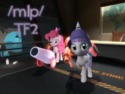 Size: 1600x1200 | Tagged: safe, derpibooru import, maud pie, pinkie pie, /mlp/ tf2 general, 2fort, 3d, hat, image, party cannon, png, rocket launcher, soldier, source filmmaker, team fortress 2, text, weapon