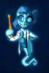 Size: 1232x1843 | Tagged: safe, artist:anontheanon, ponerpics import, ponybooru import, oc, unofficial characters only, ghost, ghost pony, pony, undead, arm behind back, clothes, creepy, creepy smile, female, image, jpeg, lab coat, looking at you, mare, screwdriver, smiling, smiling at you, solo