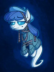 Size: 1352x1819 | Tagged: safe, artist:anontheanon, ponerpics import, ponybooru import, oc, unofficial characters only, earth pony, ghost, ghost pony, pony, undead, beret, clothes, female, film, frown, hat, image, jpeg, lidded eyes, mare, solo, sweater