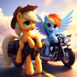 Size: 1024x1024 | Tagged: safe, machine learning generated, ponerpics import, ponybooru import, applejack, rainbow dash, earth pony, pegasus, pony, ai content, anatomically incorrect, applejack's hat, bing, clothes, cowboy hat, duo, female, hat, image, jpeg, machine learning abomination, mare, motorcycle, not salmon, road, spread wings, wat, what has science done, wings