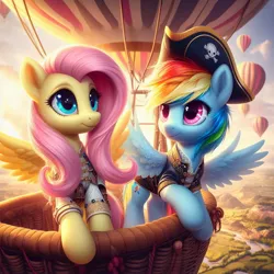 Size: 1024x1024 | Tagged: safe, machine learning generated, ponerpics import, ponybooru import, fluttershy, rainbow dash, pegasus, pony, ai content, bing, duo, female, hat, hot air balloon, image, jpeg, mare, pirate, pirate dash, pirate hat