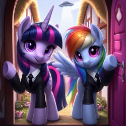 Size: 1024x1024 | Tagged: safe, machine learning generated, ponerpics import, ponybooru import, rainbow dash, twilight sparkle, pegasus, pony, unicorn, ai content, bing, black suit, clothes, duo, female, flying saucer, image, jpeg, mare, mares in black, necktie, ponyville, size difference, suit, ufo, unicorn twilight