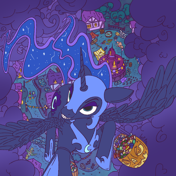 Size: 1000x1000 | Tagged: safe, artist:lef-fa, derpibooru import, nightmare moon, princess luna, alicorn, pony, blue eyes, blue mane, blue tail, cute, digital art, ethereal mane, ethereal tail, fangs, feather, female, flowing mane, flowing tail, flying, g4, helmet, hoof shoes, image, lidded eyes, mare, nicemare moon, night, nightmare night, open mouth, open smile, peytral, png, ponyville, pumpkin, pumpkin bucket, shapeshifting, sky, smiling, solo, spread wings, starry mane, starry tail, tail, teeth, tree, water, wings