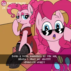 Size: 2048x2048 | Tagged: safe, artist:legendoflink, derpibooru import, pinkie pie, earth pony, pony, clothes, dress, duality, female, hoodie, image, jpeg, looking at you, mare, pinktober, self paradox, self ponidox, sitting, smiling, socks, stockings, sunglasses, text, thigh highs