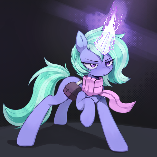 Size: 2295x2295 | Tagged: safe, artist:astralblues, derpibooru import, oc, unofficial characters only, pony, unicorn, bag, clothes, eyebrows, female, high res, horn, image, magic, mare, png, raised hoof, saddle bag, scarf, solo, unicorn oc