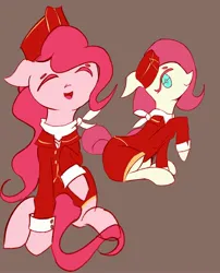 Size: 2480x3064 | Tagged: safe, artist:solid shrimp, derpibooru import, fluttershy, pinkie pie, earth pony, pegasus, pony, brown background, clothes, duo, eyes closed, female, flight attendant, floppy ears, hat, image, jpeg, looking at you, mare, open mouth, open smile, pinktober, simple background, sitting, smiling, smiling at you, uniform, wingless