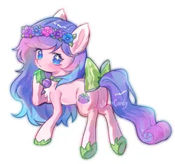 Size: 750x705 | Tagged: safe, artist:twiligh44097152, derpibooru import, oc, unnamed oc, unofficial characters only, earth pony, pony, bow, chest fluff, cute, female, floral head wreath, flower, image, jpeg, mare, ocbetes, raised hoof, simple background, solo, tail, tail bow, white background