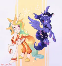 Size: 2451x2600 | Tagged: safe, artist:askometa, derpibooru import, princess celestia, princess luna, alicorn, pony, black sclera, clothes, cosplay, costume, duo, female, five nights at freddy's, five nights at freddy's: security breach, glow, glowing eyes, high res, image, looking at each other, looking at someone, mare, png, royal sisters, siblings, signature, sisters, spread wings, sun and moon (five nights at freddy's), wings