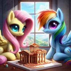 Size: 1024x1024 | Tagged: safe, machine learning generated, ponerpics import, ponybooru import, fluttershy, rainbow dash, pegasus, pony, ai content, alternate cutie mark, architecture, bacon, bing, diorama, duo, female, food, image, jpeg, mare, meat, ponies playing with meat, window