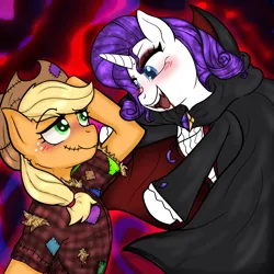 Size: 1280x1280 | Tagged: safe, artist:katie-kat-yo, derpibooru import, applejack, rarity, earth pony, pony, undead, unicorn, vampire, vampony, alternate hairstyle, applejack's hat, blood, blushing, cape, clothes, cowboy hat, duo, eyeshadow, fangs, female, flannel, freckles, hat, hay, image, lesbian, looking at each other, looking at someone, makeup, mare, open mouth, png, rarijack, scarecrow, shipping, shirt