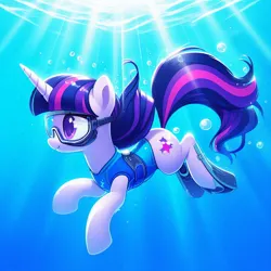 Size: 1024x1024 | Tagged: safe, derpibooru import, machine learning generated, twilight sparkle, pony, unicorn, ai content, alternate cutie mark, bubble, cute, female, flippers (gear), flowing mane, flowing tail, generator:bing image creator, generator:dall-e 3, horn, image, jpeg, mare, ocean, smiling, solo, sunlight, swimming, tail, underwater, unicorn twilight, water, wrong cutie mark