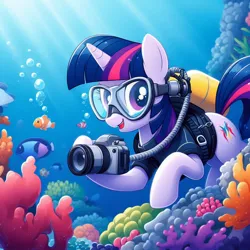 Size: 1024x1024 | Tagged: safe, derpibooru import, machine learning generated, twilight sparkle, fish, pony, unicorn, ai content, air tank, alternate cutie mark, bubble, camera, coral, cute, female, flippers (gear), flowing mane, flowing tail, generator:bing image creator, generator:dall-e 3, horn, image, jpeg, mare, ocean, open mouth, open smile, scuba gear, scuba tank, smiling, solo, sunlight, swimming, tail, underwater, unicorn twilight, water, wrong cutie mark