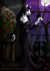 Size: 1024x1449 | Tagged: safe, artist:zsnowfilez, derpibooru import, oc, oc:belladonna nightshade, anthro, clothes, costume, dress, image, jpeg, morticia addams, nightmare night costume, solo