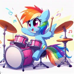 Size: 1024x1024 | Tagged: safe, derpibooru import, machine learning generated, rainbow dash, pegasus, pony, ai content, cute, derpibooru exclusive, drum kit, drums, drumsticks, image, jpeg, musical instrument, prompter:twdkek, simple background, white background, wrong cutie mark