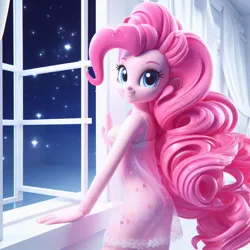 Size: 1024x1024 | Tagged: suggestive, derpibooru import, machine learning generated, pinkie pie, human, equestria girls, 3d, ai content, ass, breasts, busty pinkie pie, butt, clothes, female, generator:bing image creator, image, jpeg, looking at you, looking back, looking back at you, night, night sky, nightgown, sky, smiling, smiling at you, solo, stars