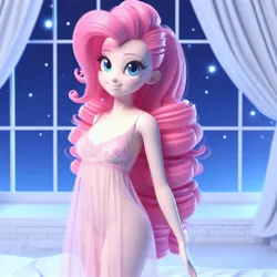 Size: 1024x1024 | Tagged: suggestive, derpibooru import, machine learning generated, pinkie pie, human, equestria girls, 3d, ai content, breasts, busty pinkie pie, clothes, female, generator:bing image creator, human coloration, image, jpeg, looking at you, night, night sky, nightgown, sky, smiling, smiling at you, stars, stupid sexy pinkie, window