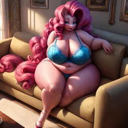 Size: 1024x1024 | Tagged: suggestive, derpibooru import, machine learning generated, stable diffusion, pinkie pie, anthro, earth pony, unguligrade anthro, ai content, bbw, bedroom eyes, belly, belly button, big belly, big breasts, bra, breasts, busty pinkie pie, clothes, couch, derpibooru exclusive, fat, female, huge breasts, image, panties, png, prompter:professordoctorc, pudgy pie, solo, solo female, underwear