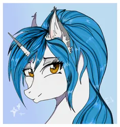 Size: 788x830 | Tagged: safe, artist:hysteriana, derpibooru import, oc, oc:evening lake, pony, unicorn, amber eyes, blue background, blue hair, blue mane, brown eyes, bust, ear fluff, eyebrows, eyebrows visible through hair, female, glossy, image, light skin, looking at you, mare, orange eyes, phone drawing, png, ponytail, portrait, simple background, smiling, solo, solo female, sparkles, spots, spotted