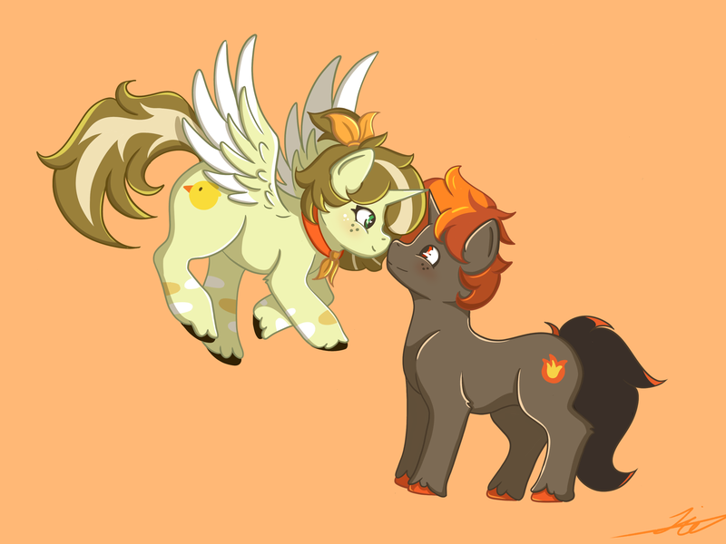 Size: 3072x2304 | Tagged: safe, artist:duckyia, derpibooru import, oc, alicorn, unicorn, boop, couple, flying, image, noseboop, png