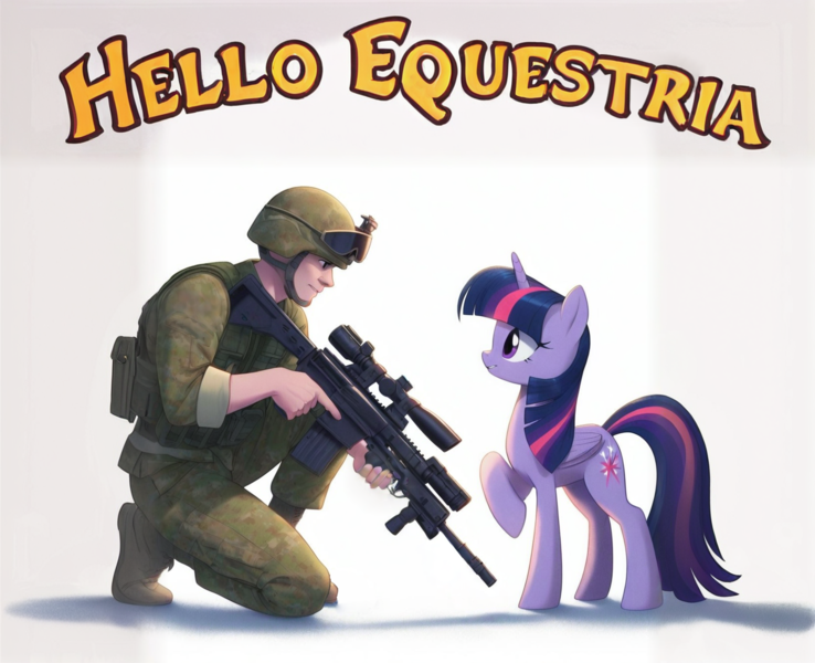 Size: 1638x1331 | Tagged: safe, ai content, derpibooru import, machine learning generated, prompter:yuduz367, twilight sparkle, twilight sparkle (alicorn), alicorn, human, pony, armed, clothes, cute, digital art, female, generator:bing image creator, generator:dall-e 3, helmet, image, looking at each other, looking at someone, mane, mare, military, military uniform, png, simple background, tail, uniform