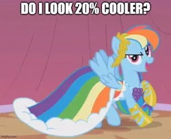 Size: 616x500 | Tagged: safe, derpibooru import, edit, edited screencap, screencap, rainbow dash, pegasus, suited for success, 20% cooler, bronybait, caption, clothes, cropped, dress, gala dress, image, image macro, imgflip, impact font, jpeg, rainbow dash always dresses in style, text