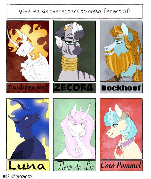 Size: 3460x4096 | Tagged: safe, artist:inisealga, derpibooru import, coco pommel, daybreaker, fleur-de-lis, princess luna, rockhoof, zecora, alicorn, earth pony, pony, unicorn, zebra, beard, curved horn, facial hair, female, horn, image, jpeg, male, mare, neck rings, stallion