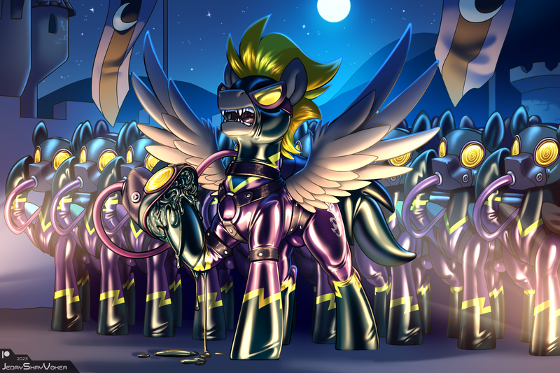Size: 3000x2000 | Tagged: questionable, artist:jedayskayvoker, derpibooru import, oc, oc:blaze (shadowbolt), pegasus, pony, clothes, commission, crotch bulge, crowd, drone, epic, fangs, folded wings, gas mask, goggles, harness, hypno eyes, hypnosis, hypnotized, image, latex, latex suit, liquid latex, male, males only, mask, night, pegasus oc, png, rubber drone, shadowbolts, shadowbolts uniform, shiny, spread wings, swirly eyes, tack, wings