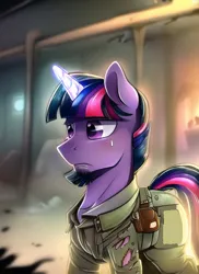 Size: 512x704 | Tagged: safe, derpibooru import, editor:primortal, machine learning assisted, machine learning generated, novelai, stable diffusion, twilight sparkle, oc, oc:dusk shine (fallout), unofficial characters only, pony, unicorn, fallout equestria, ai content, clone, clothed male, clothes, dusk shine, facial hair, fallout, goatee, hidden cutie mark, image, male, nervous, nervous sweat, non-canon, parent:twilight sparkle, png, rule 63, sternocleidomastoid, technically rule 63, torn clothes