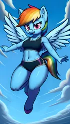 Size: 1440x2560 | Tagged: safe, artist:darbarri, derpibooru import, machine learning assisted, rainbow dash, anthro, pegasus, unguligrade anthro, ai content, bedroom eyes, clothes, cloud, derpibooru exclusive, ear fluff, flying, full body, hooves, image, jpeg, looking at you, shorts, sky, sports bra, sports shorts, spread wings, thighs, wide hips, wings