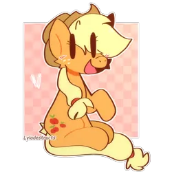 Size: 2000x2000 | Tagged: safe, artist:lyladestructs, derpibooru import, applejack, earth pony, pony, blush lines, blushing, female, hat, image, looking at you, open mouth, png, raised hoof, simple background, sitting, smiling, smiling at you, solo