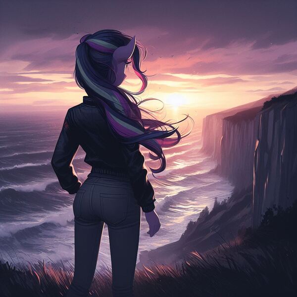 Size: 1024x1024 | Tagged: safe, derpibooru import, machine learning generated, starlight glimmer, anthro, bird, human, seagull, ai content, ass, butt, canter girls, cliff, clothes, cloud, denim, drama, dramatic lighting, dramatic pose, female, from behind, generator:bing image creator, hair, humanized, image, jacket, jeans, jpeg, leather, ocean, pants, plot, prompter:evergreen, rear view, scenery, solo, sunset, water, wave, wind, windswept mane, wrong color