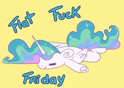Size: 7016x4961 | Tagged: safe, artist:cutepencilcase, derpibooru import, princess celestia, alicorn, pony, absurd resolution, eyes closed, flat fuck friday, flop, friday, image, lying down, meme, png, prone, simple background, smiling, solo, sploot, vulgar, yellow background