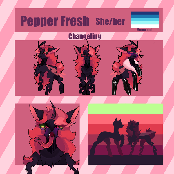 Size: 5000x5000 | Tagged: safe, artist:minty--fresh, derpibooru import, oc, oc:pepper fresh, unofficial characters only, changeling, :3, boots, changeling oc, chest fluff, closed mouth, clothes, curved horn, ear fluff, fangs, feather boa, forked tongue, heart, heart eyes, horn, image, latex, latex socks, leather, leather boots, long hair, long tongue, masexual, masexual pride flag, multicolored mane, multicolored tail, open mouth, piercing, pink changeling, pink mane, png, pride flag, purple blush, red changeling, reference sheet, shoes, short tail, silhouette, size comparison, slit pupils, smiling, socks, striped background, tongue out, wingding eyes