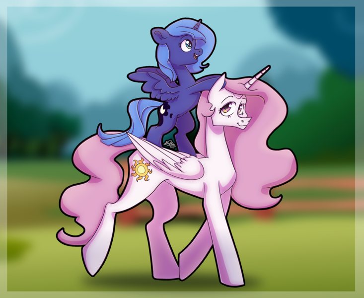 Size: 2408x1970 | Tagged: safe, artist:sonyager, derpibooru import, princess celestia, princess luna, alicorn, pony, duo, female, filly, image, mare, open mouth, open smile, pink-mane celestia, png, ponies riding ponies, riding, royal sisters, siblings, sisters, smiling, walking, woona, younger