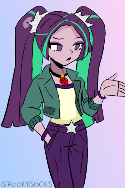 Size: 512x768 | Tagged: safe, artist:spookysocks, derpibooru import, aria blaze, human, equestria girls, bracelet, clothes, disguise, disguised siren, eyeshadow, female, gem, gradient background, image, jacket, jewelry, makeup, pigtails, png, simple background, siren gem, solo, twintails