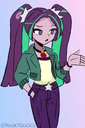 Size: 512x768 | Tagged: safe, artist:spookysocks, derpibooru import, aria blaze, human, equestria girls, bracelet, clothes, disguise, disguised siren, eyeshadow, female, gem, gradient background, image, jacket, jewelry, makeup, pigtails, png, simple background, siren gem, solo, twintails