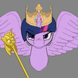 Size: 635x636 | Tagged: safe, artist:mranthony2, derpibooru import, twilight sparkle, twilight sparkle (alicorn), alicorn, pony, burger king, burger king crown, bust, exploitable meme, eye clipping through hair, image, kubrick stare, looking at you, meme, png, scepter, simple background, solo, spread wings, twilight scepter, wings